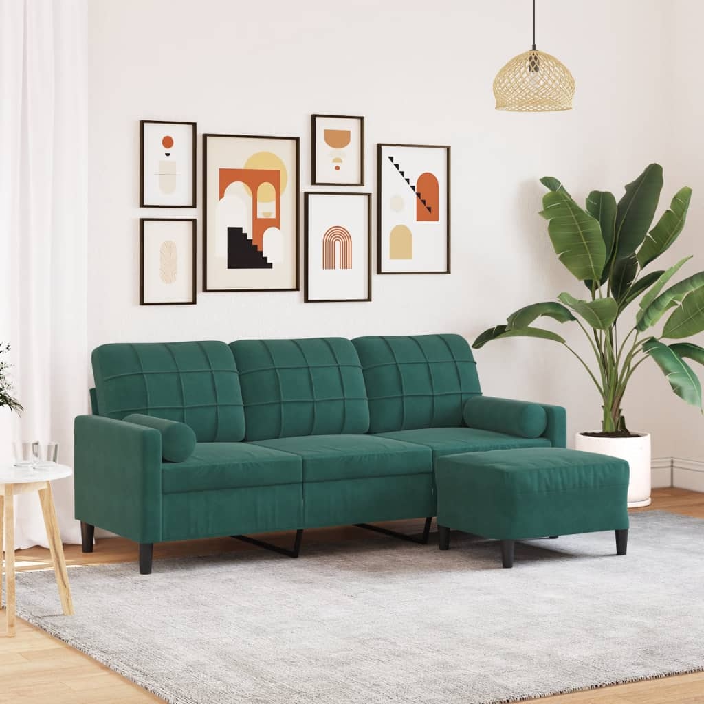 3-personers sofa med fodskammel 180 cm velour Mørkegrøn