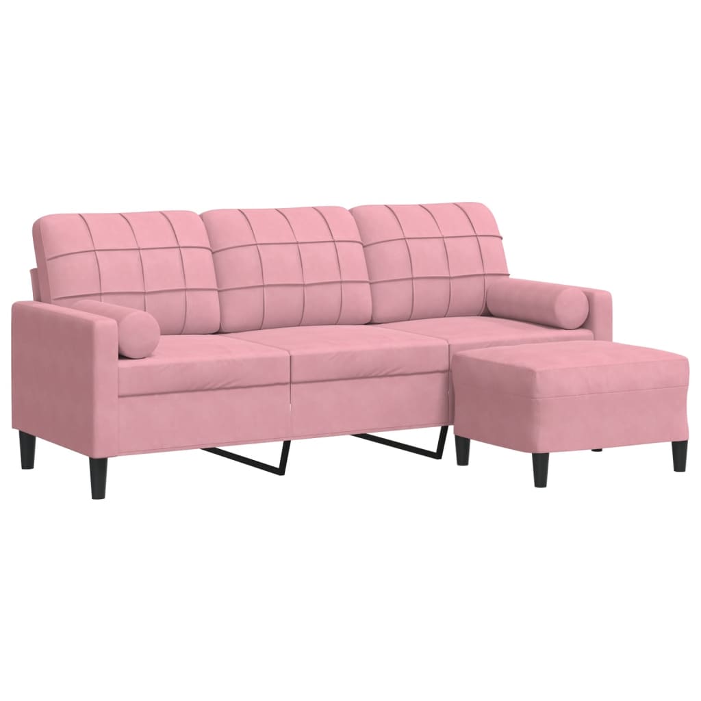 3-personers sofa med fodskammel 180 cm velour lyserød