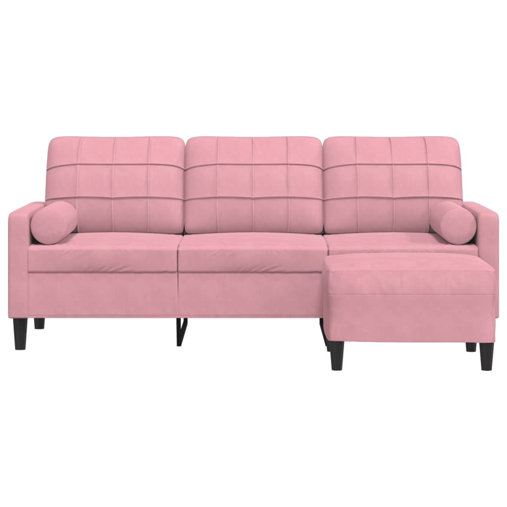 3-personers sofa med fodskammel 180 cm velour lyserød