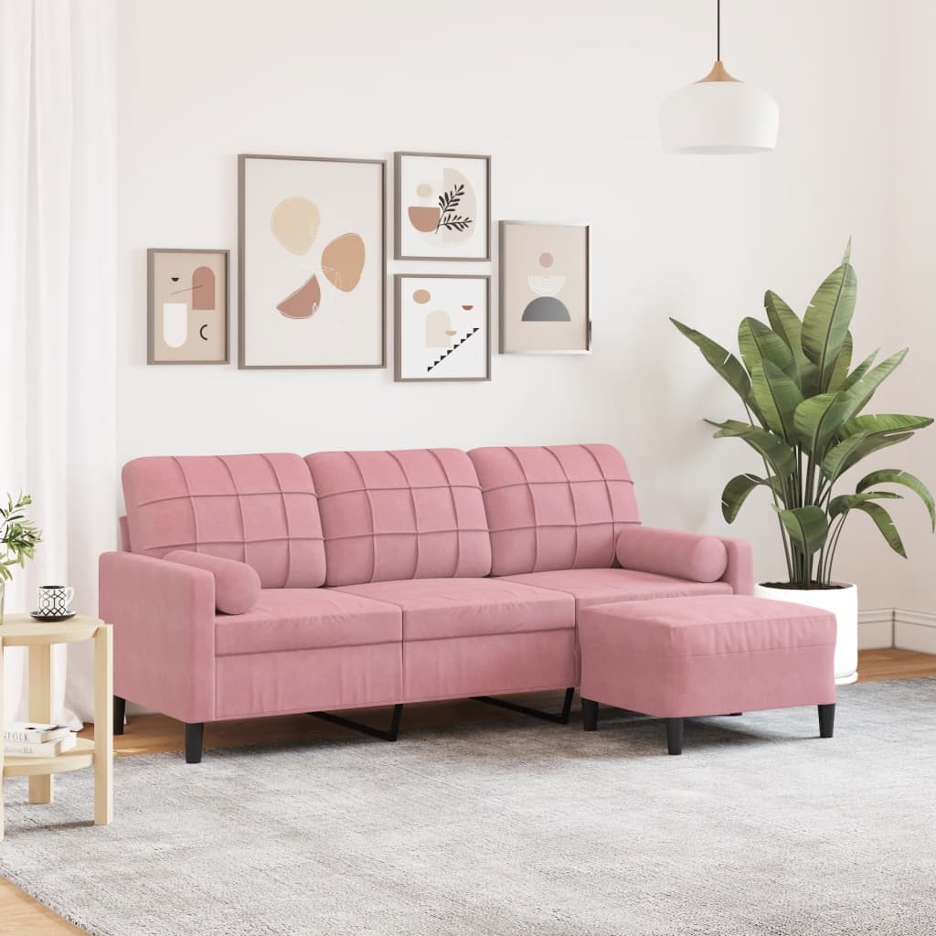 3-personers sofa med fodskammel 180 cm velour lyserød