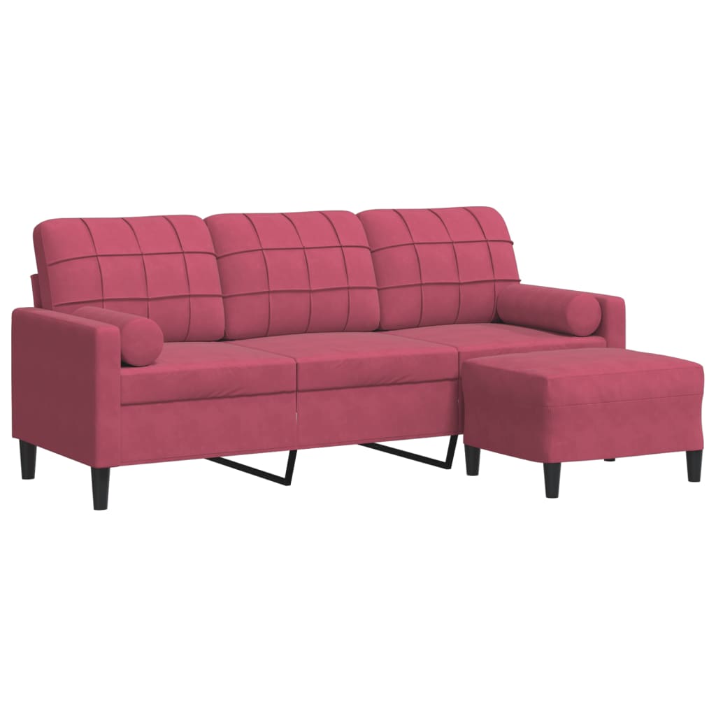 3-personers sofa med fodskammel 180 cm velour vinrød