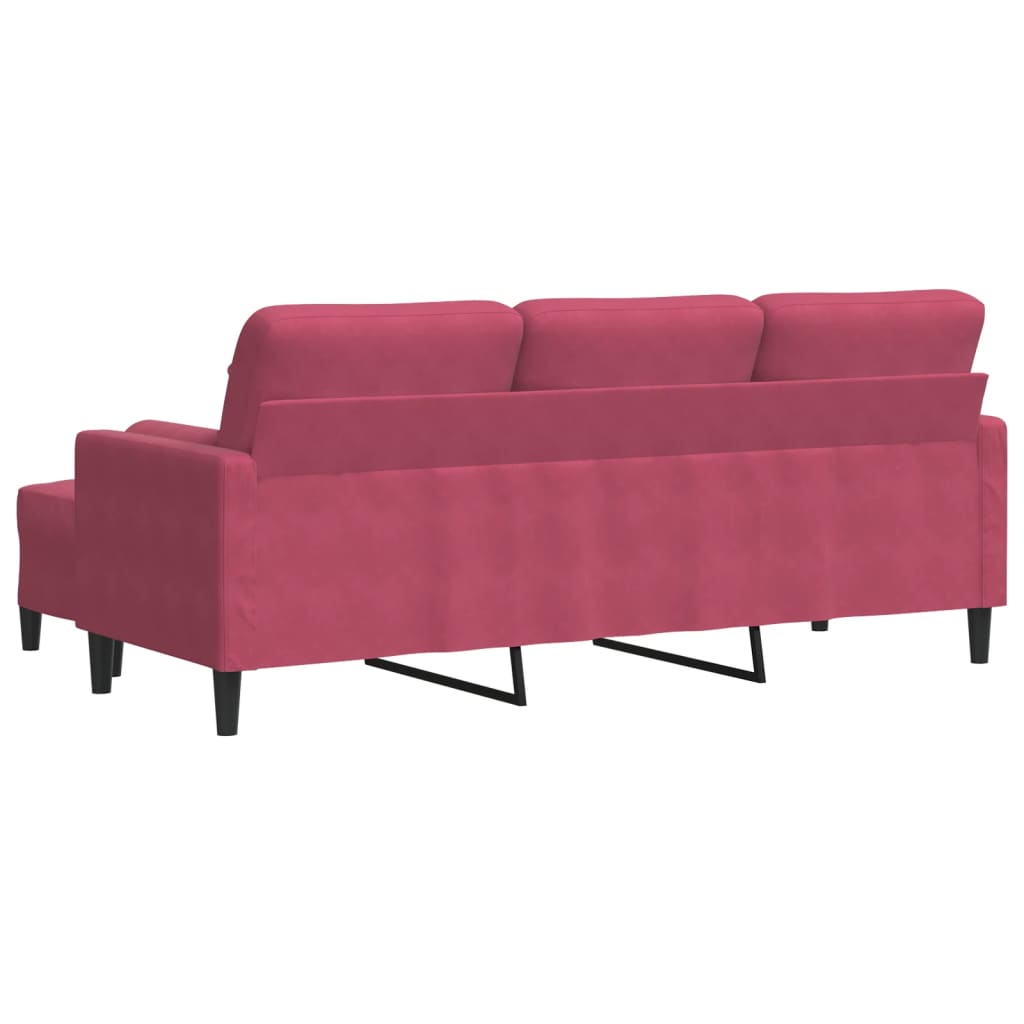 3-personers sofa med fodskammel 180 cm velour vinrød