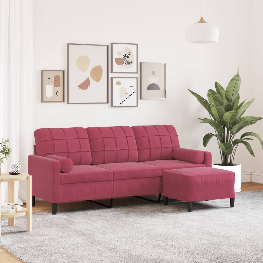 vidaXL 3-personers sofa med fodskammel 180 cm velour vinrød