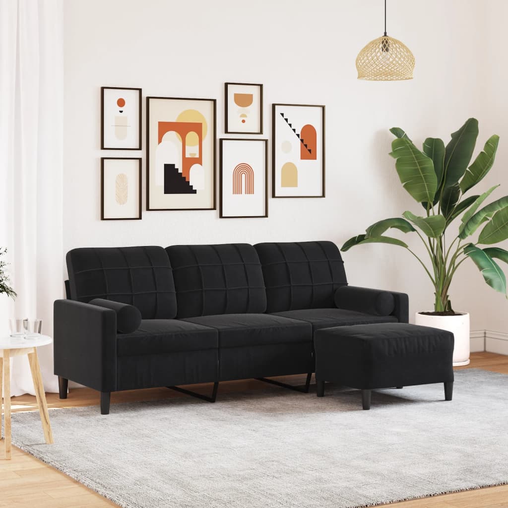 vidaXL 3-personers sofa med fodskammel 180 cm velour sort