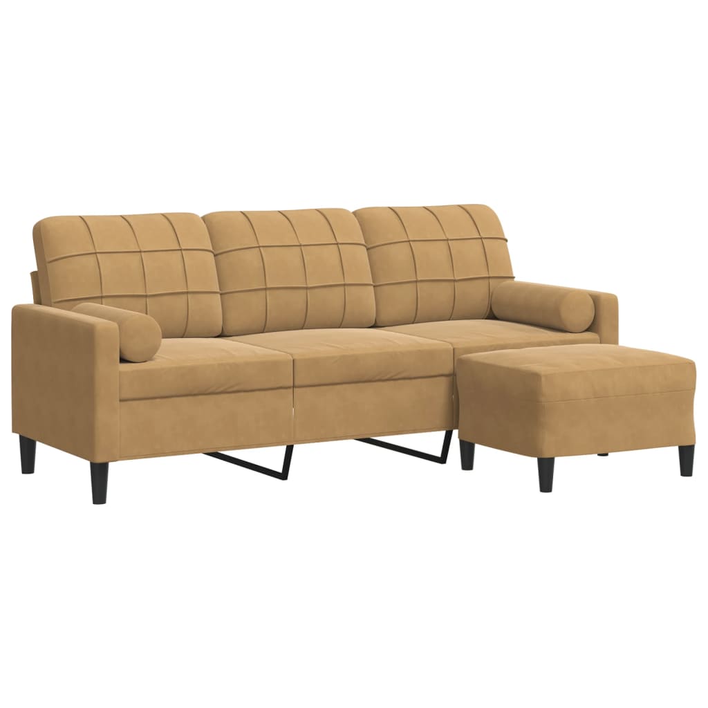 3-personers sofa med fodskammel 180 cm velour brun