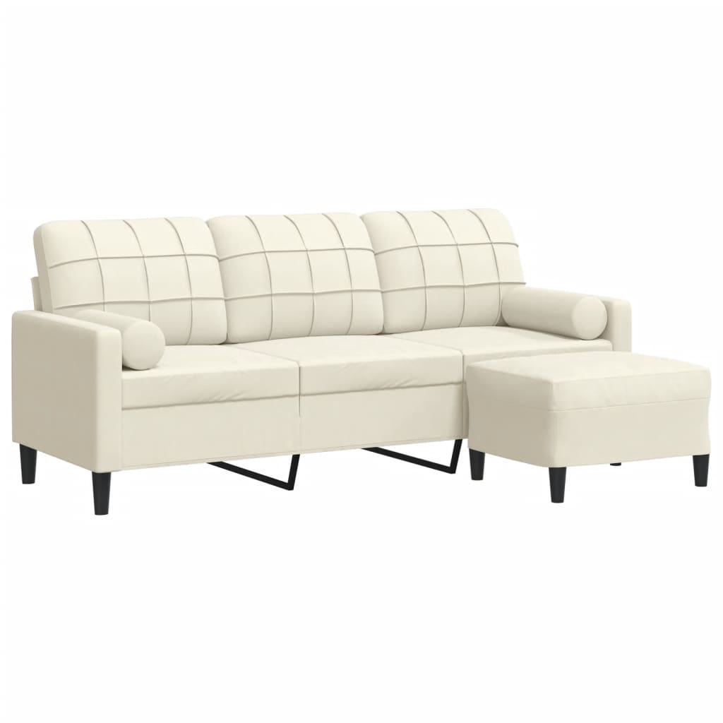 3-personers sofa med fodskammel 180 cm velour cremefarvet