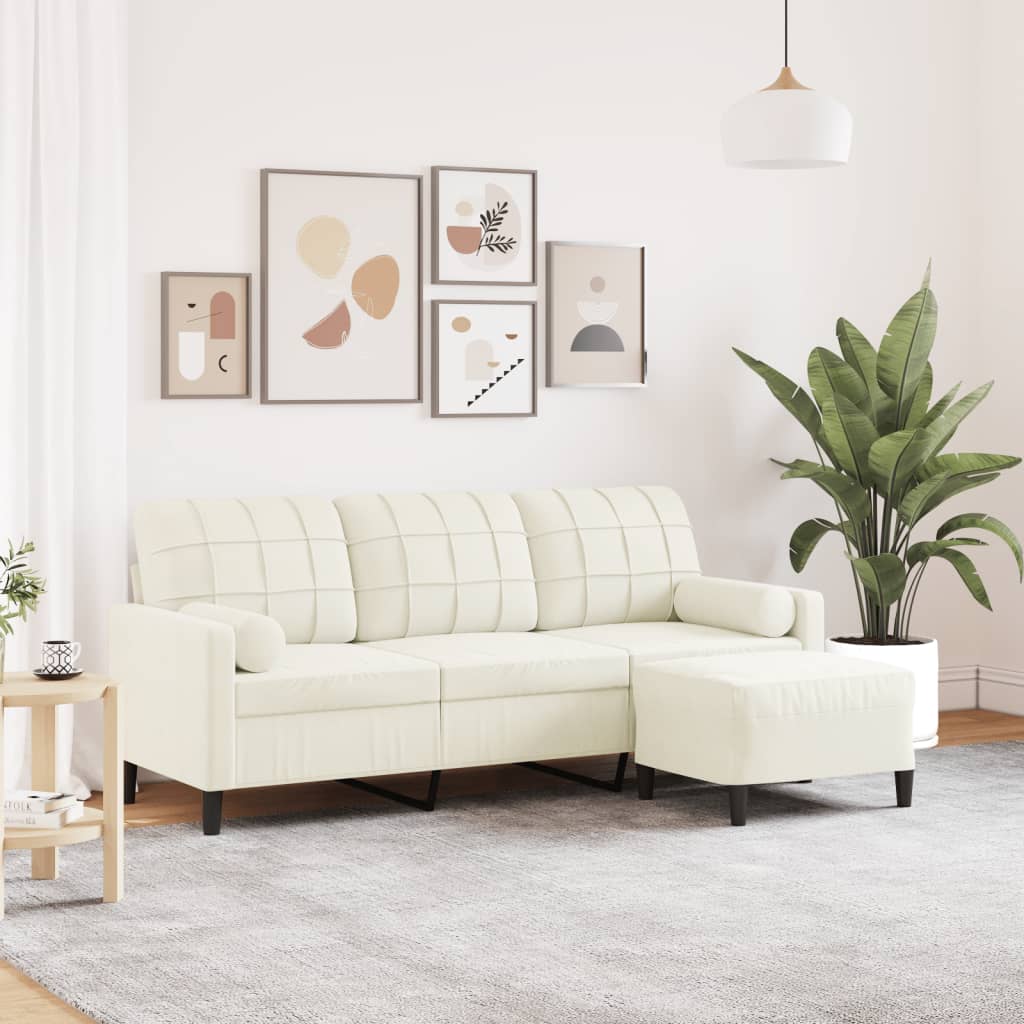 3-personers sofa med fodskammel 180 cm velour cremefarvet