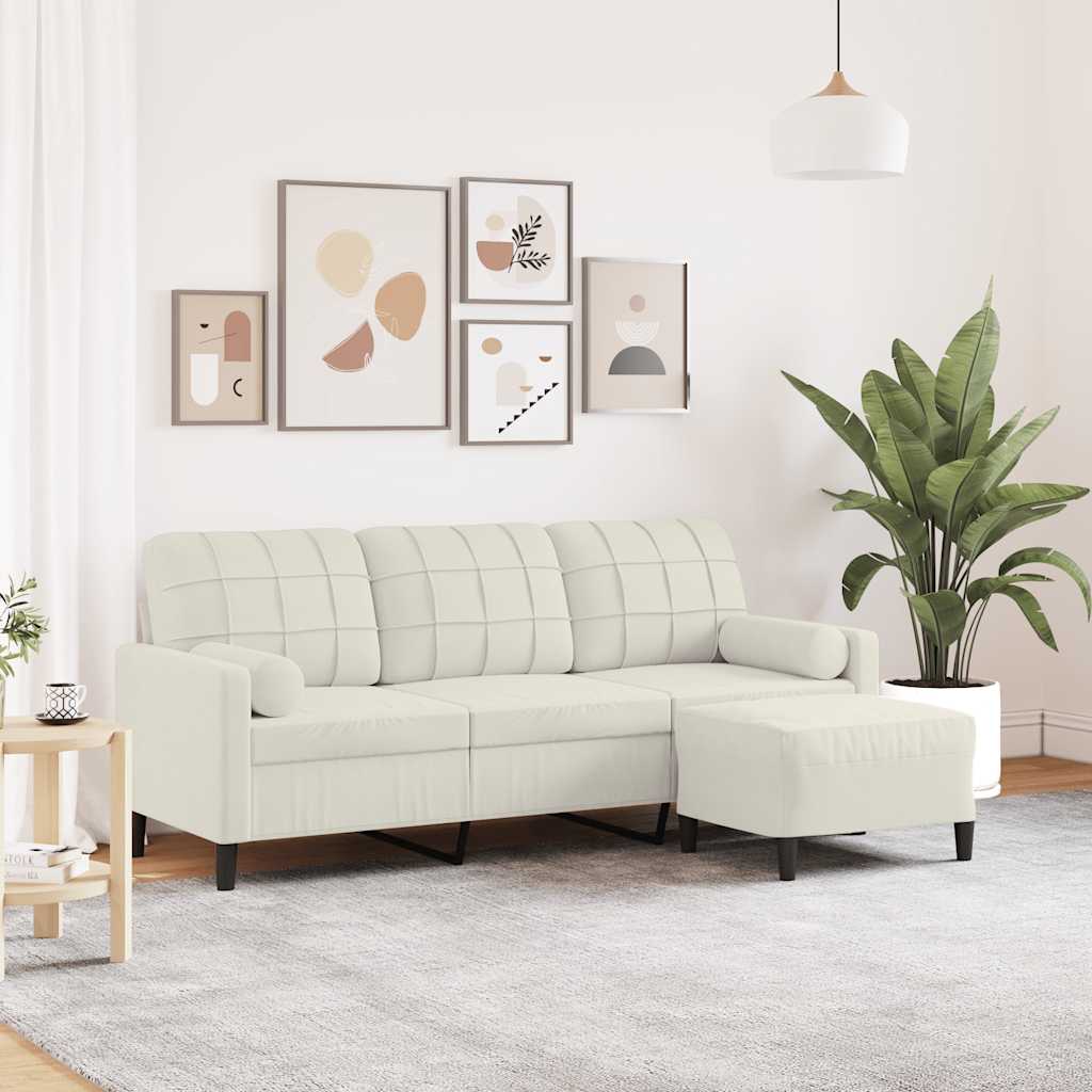 3-personers sofa med fodskammel i velour - creme, sædebredde 180 cm