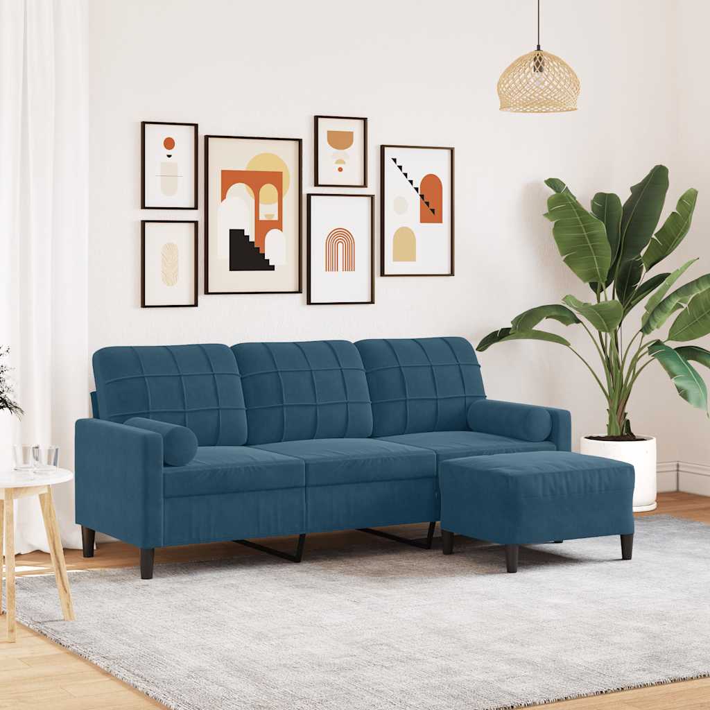 3-personers sofa med fodskammel 180 cm velour bl