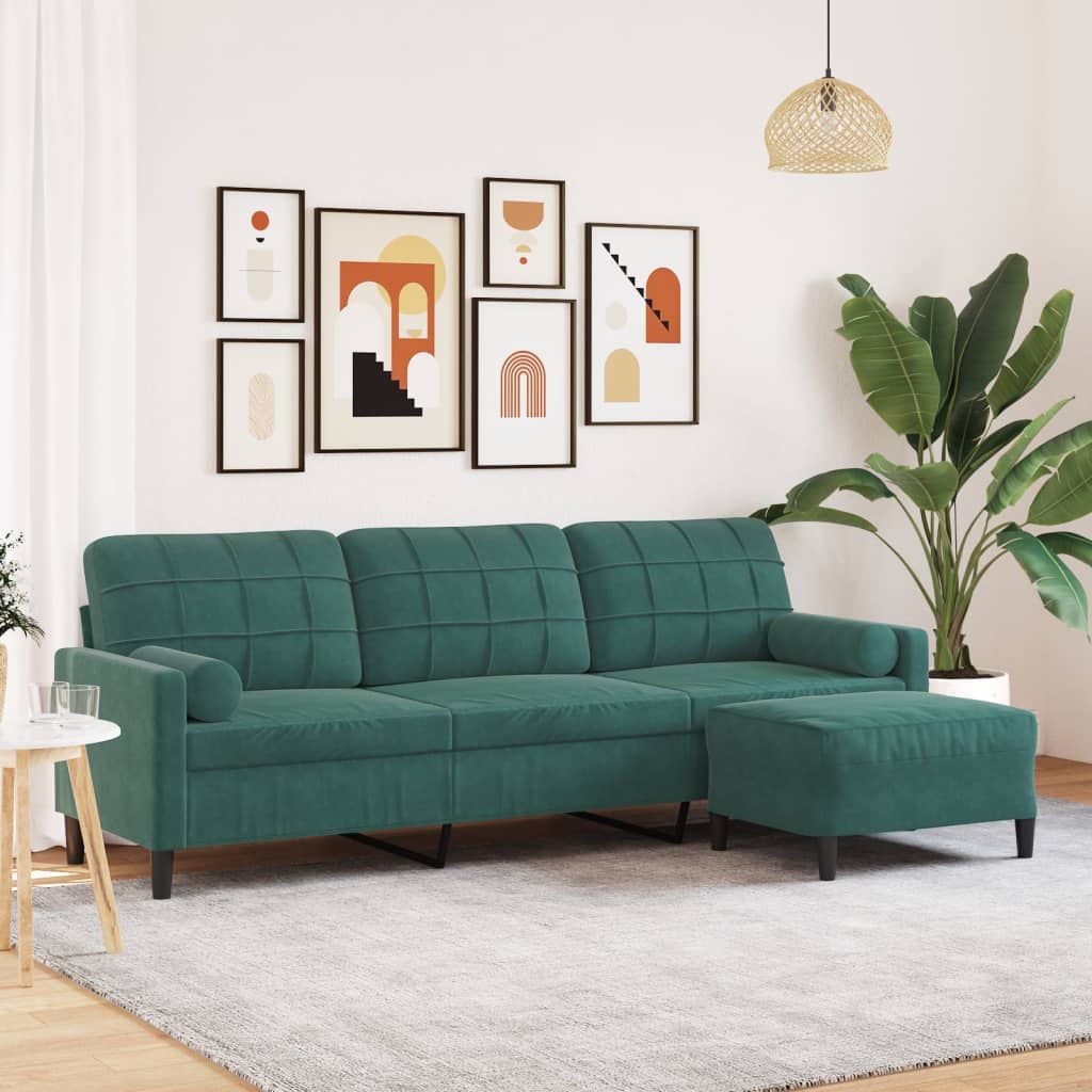 3-personers sofa med fodskammel 210 cm velour Mørkegrøn