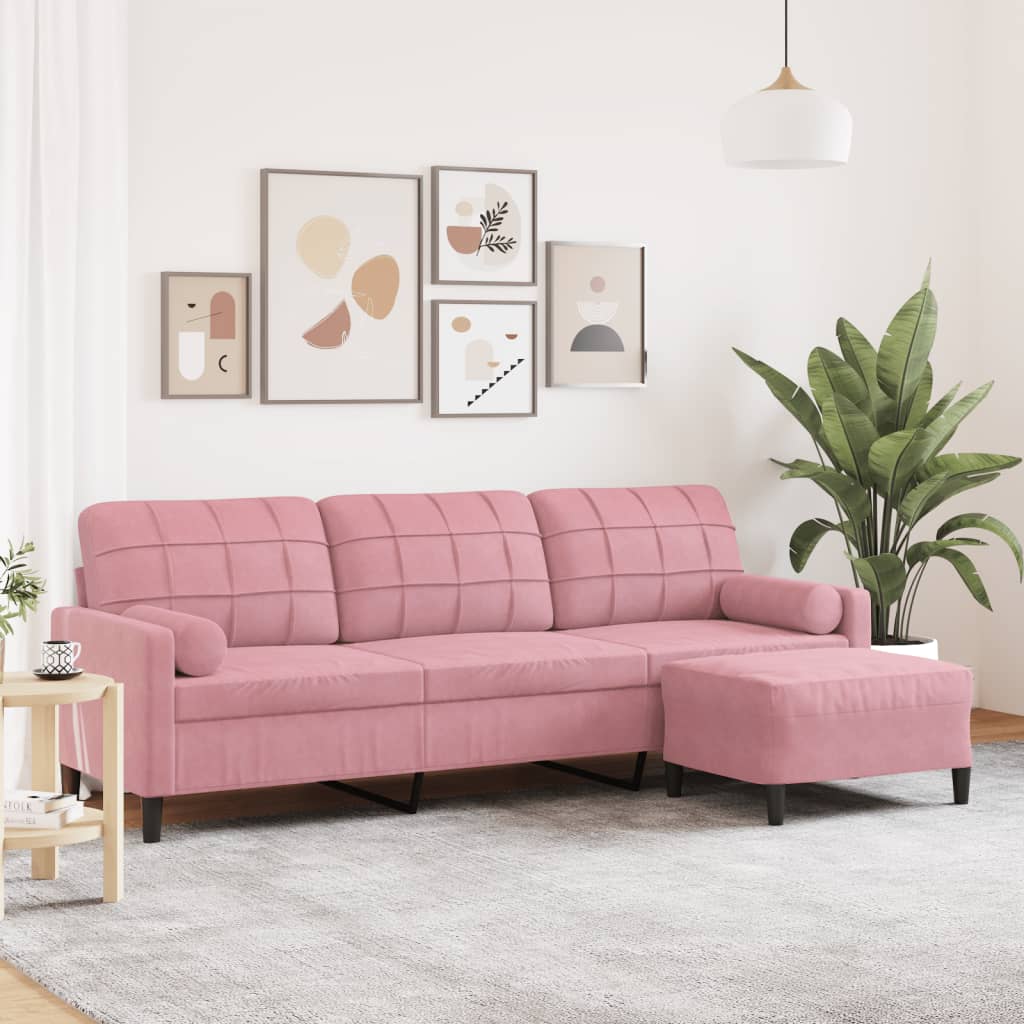 3-personers sofa med fodskammel 210 cm velour lyserød