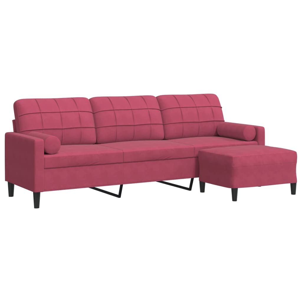 3-personers sofa med fodskammel 210 cm velour vinrød