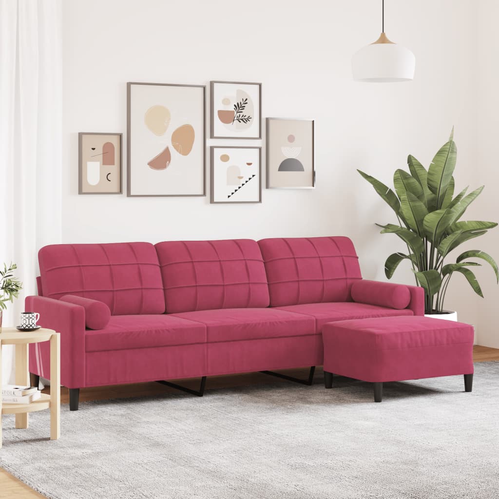 3-personers sofa med fodskammel i velour - vinrød, sædebredde 210 cm