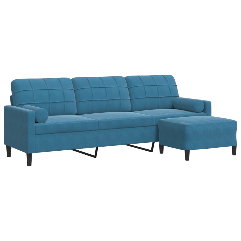 3-personers sofa med fodskammel 210 cm velour blå