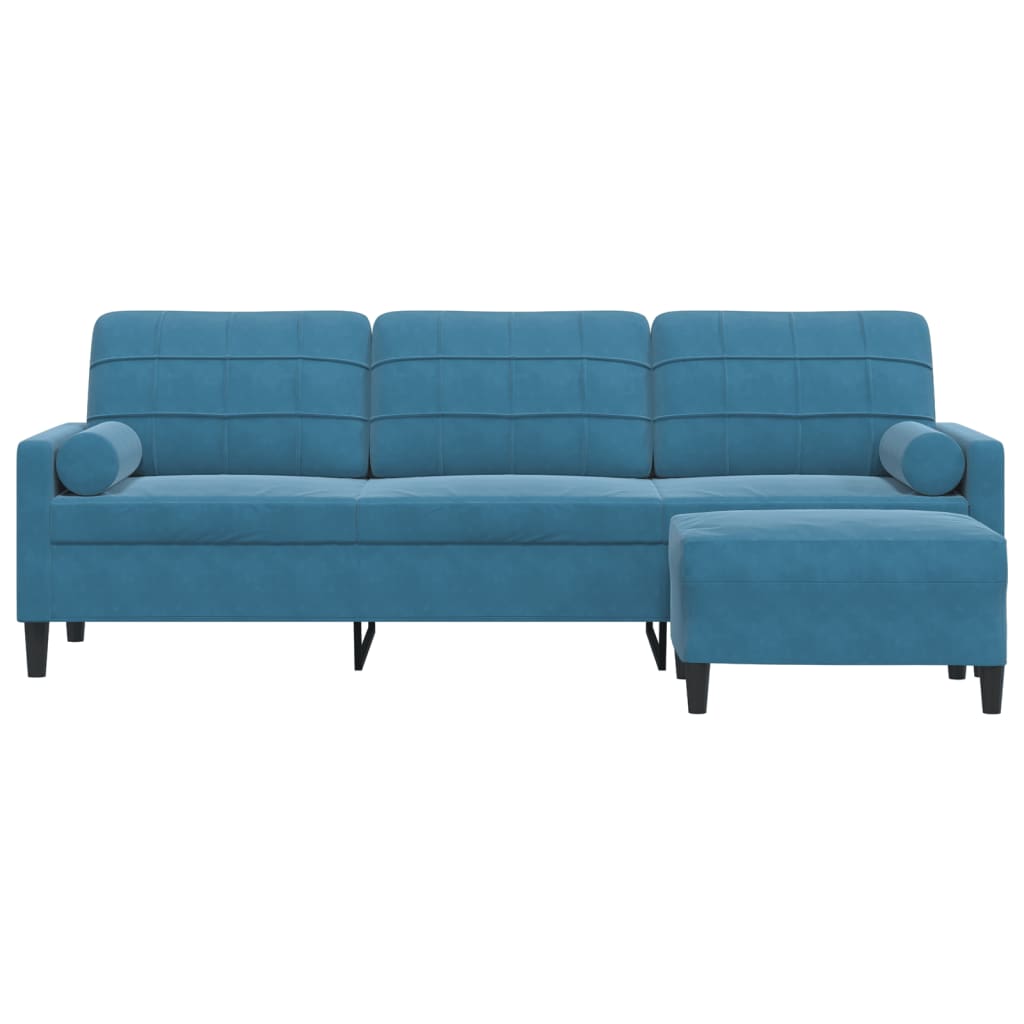 3-personers sofa med fodskammel 210 cm velour blå
