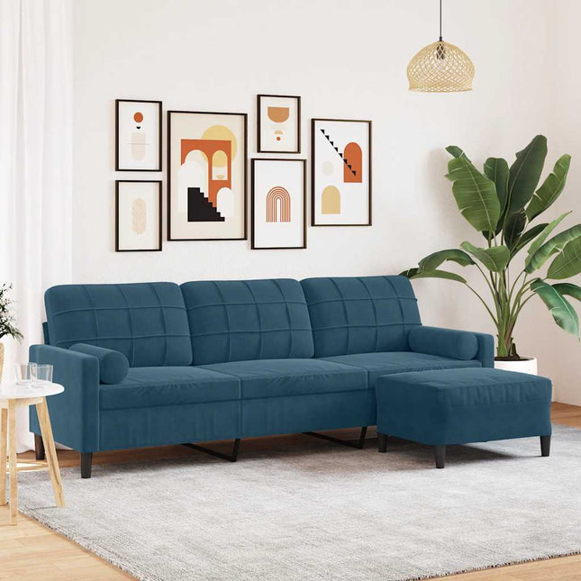 3-personers sofa med fodskammel 210 cm velour blå