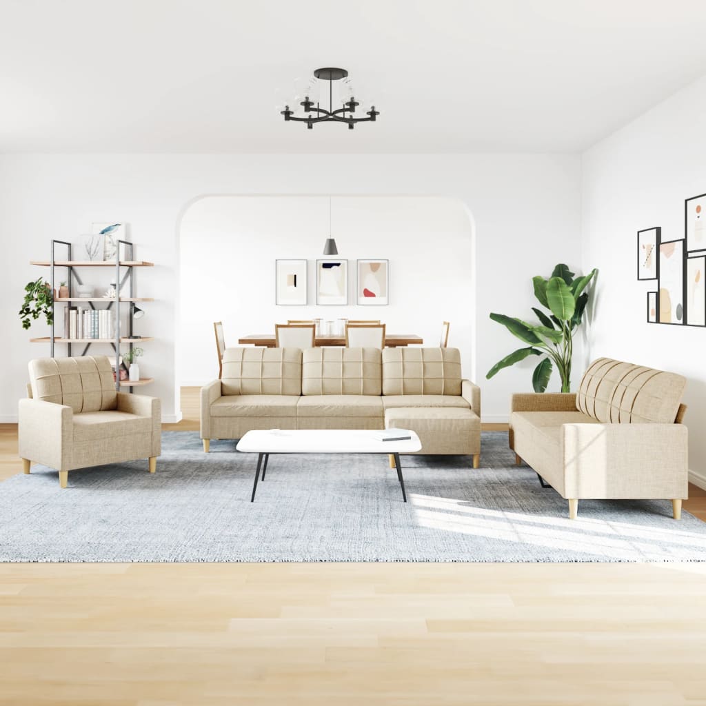 sofasæt 4 dele med fodskammel stof cremefarvet