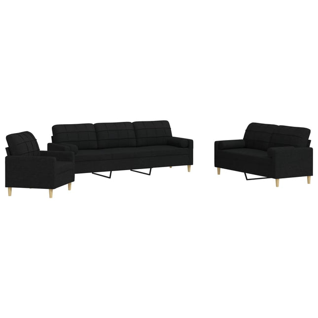 sofasæt 3 dele med pyntepuder stof sort