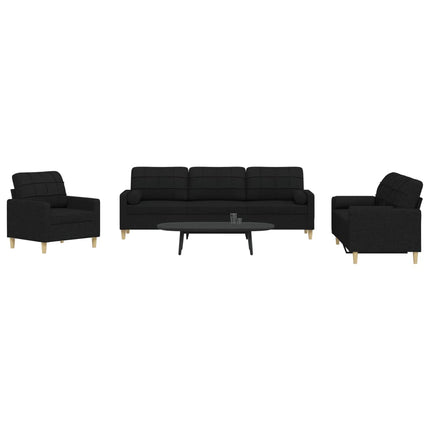 sofasæt 3 dele med pyntepuder stof sort