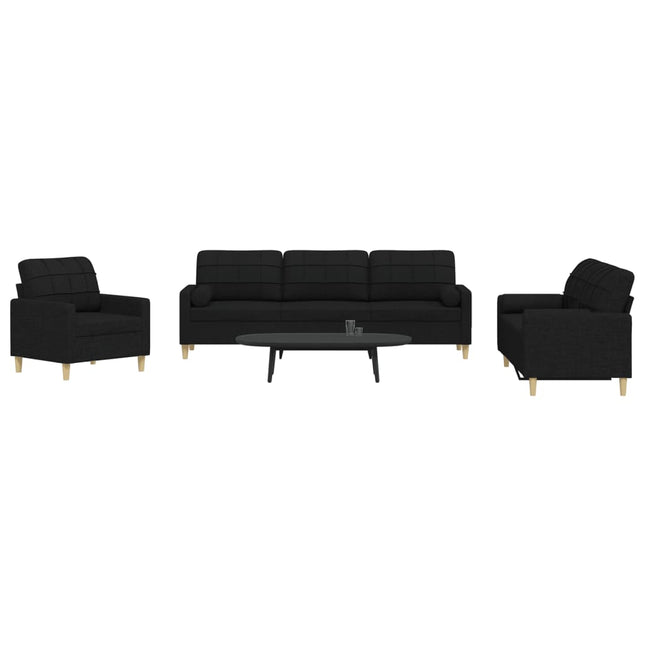 sofasæt 3 dele med pyntepuder stof sort