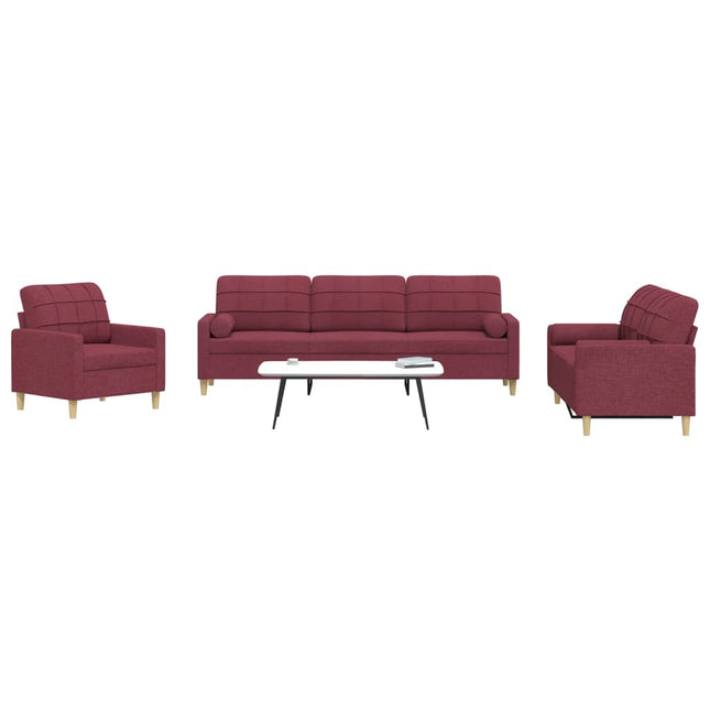 sofasæt 3 dele med pyntepuder stof vinrød