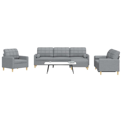 sofasæt 4 dele med fodskammel og pyntepuder stof lysegrå