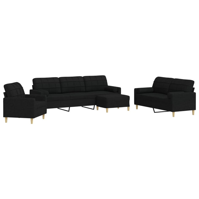 sofasæt 4 dele med fodskammel og pyntepuder stof sort