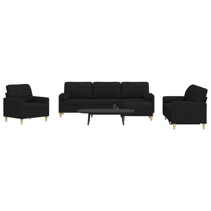 sofasæt 4 dele med fodskammel og pyntepuder stof sort