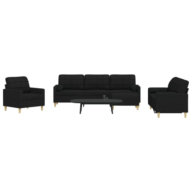 sofasæt 4 dele med fodskammel og pyntepuder stof sort