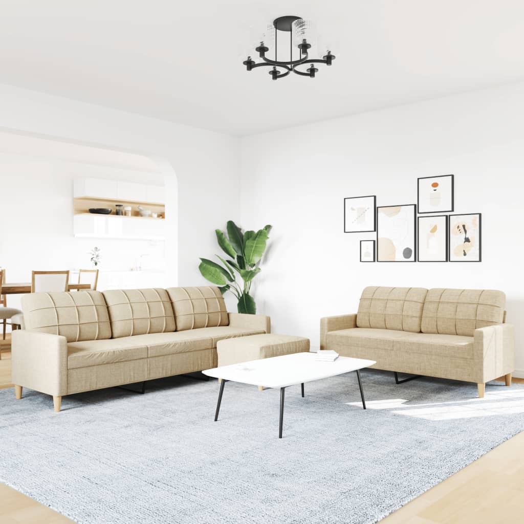 sofasæt 3 dele med fodskammel stof cremefarvet