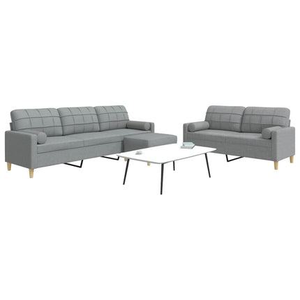 sofasæt 3 dele med fodskammel og pyntepuder stof lysegrå