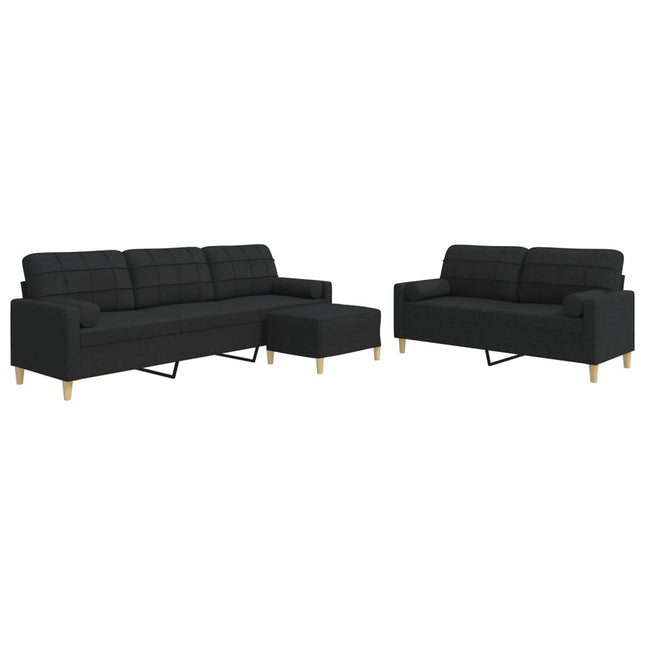 sofasæt 3 dele med fodskammel og pyntepuder stof sort