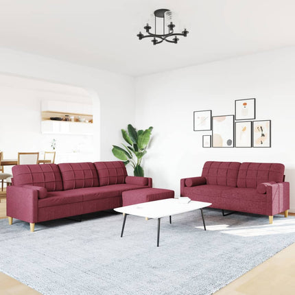 sofasæt 3 dele med fodskammel og pyntepuder stof vinrød