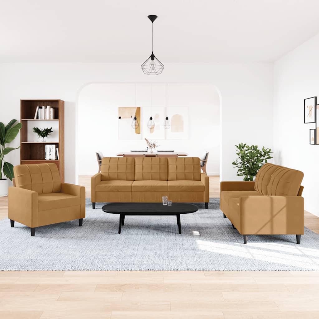 sofasæt 3 dele med hynder velour brun