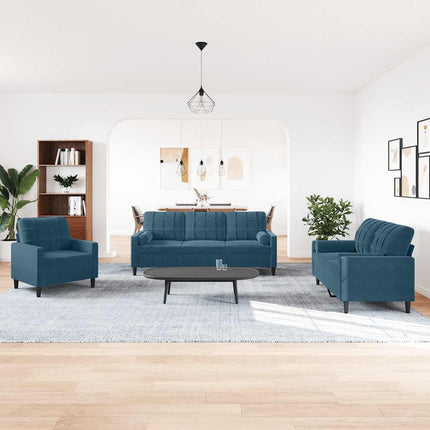 sofasæt 3 dele med hynder og bolsterpuder velour blå