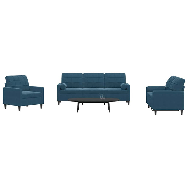 sofasæt 3 dele med hynder og bolsterpuder velour blå