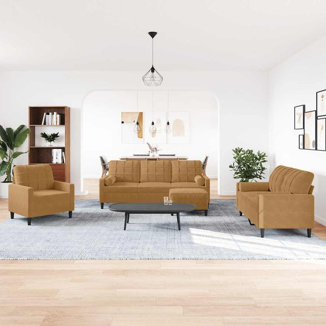 sofasæt 4 dele med hynder og bolsterpuder velour brun