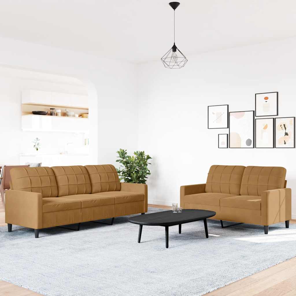 sofasæt 2 dele med hynder velour brun