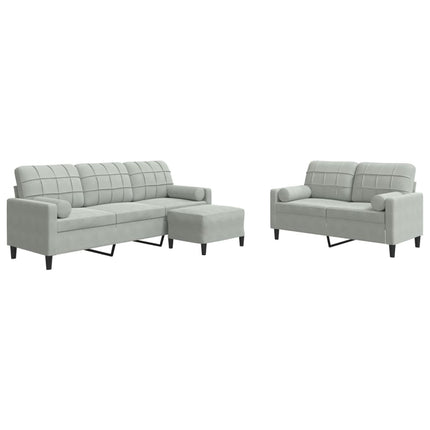 sofasæt 3 dele med hynder og bolsterpuder velour lysegrå