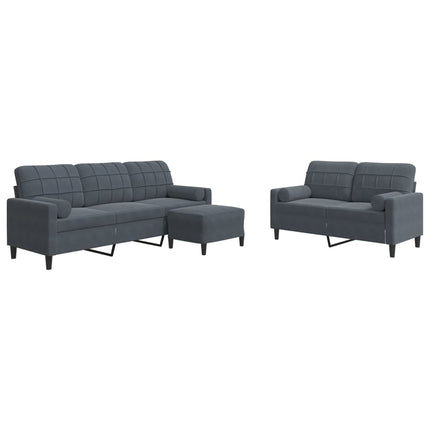 sofasæt 3 dele med hynder og bolsterpuder velour mørkegrå