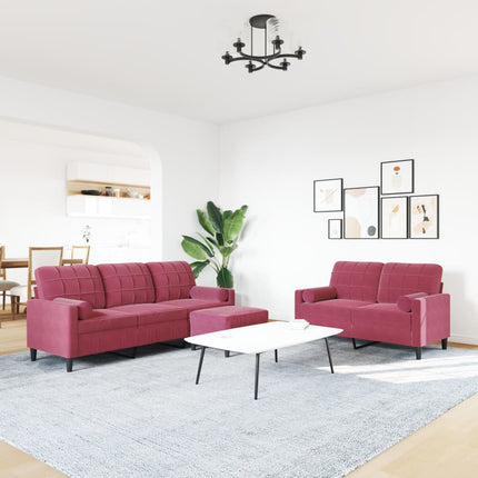 sofasæt 2 dele med hynder og bolsterpuder velour vinrød