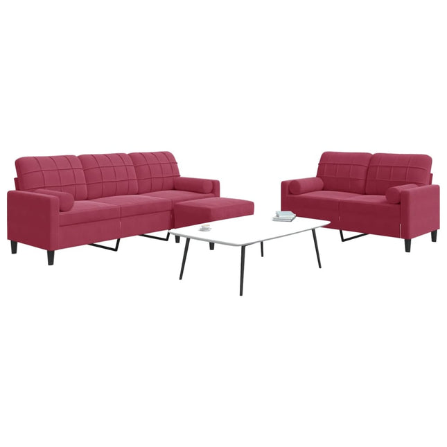 sofasæt 2 dele med hynder og bolsterpuder velour vinrød