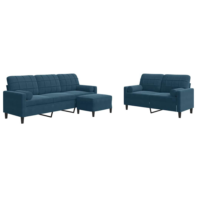 sofasæt 3 dele med hynder og bolsterpuder velour blå