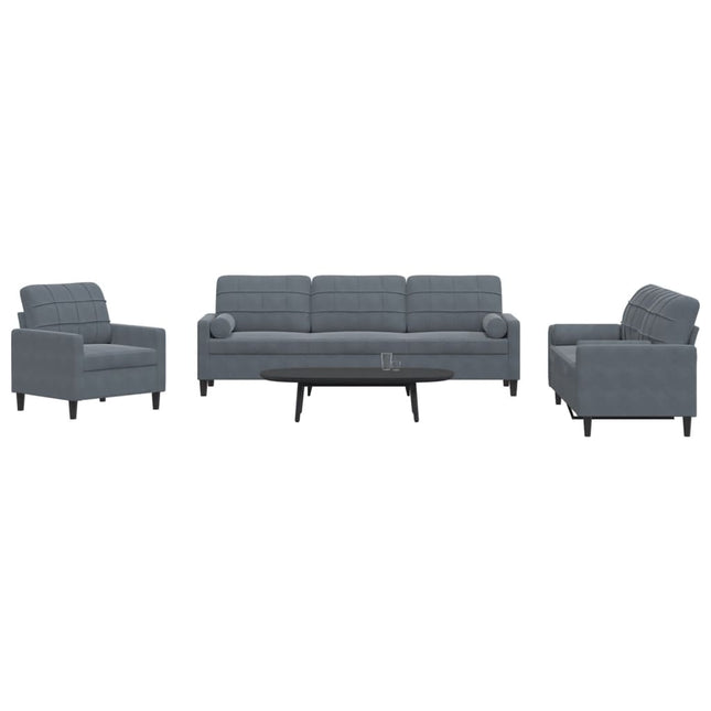 sofasæt 3 dele med hynder og bolsterpuder velour mørkegrå