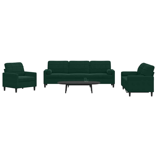 sofasæt 3 dele med hynder og bolsterpuder velour mørkegrøn