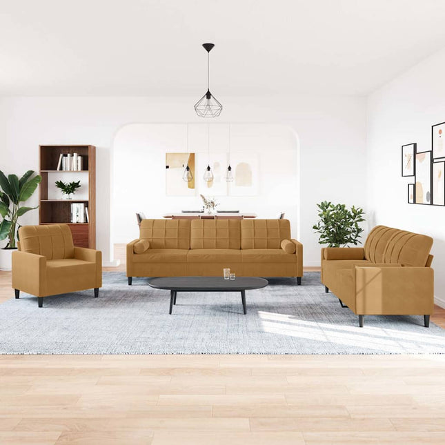 sofasæt 3 dele med hynder og bolsterpuder velour brun
