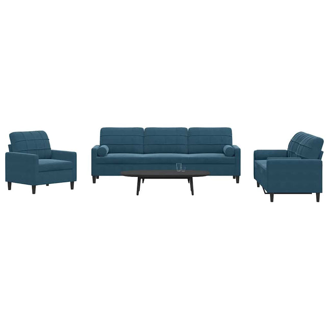 sofasæt 3 dele med hynder og bolsterpuder velour blå
