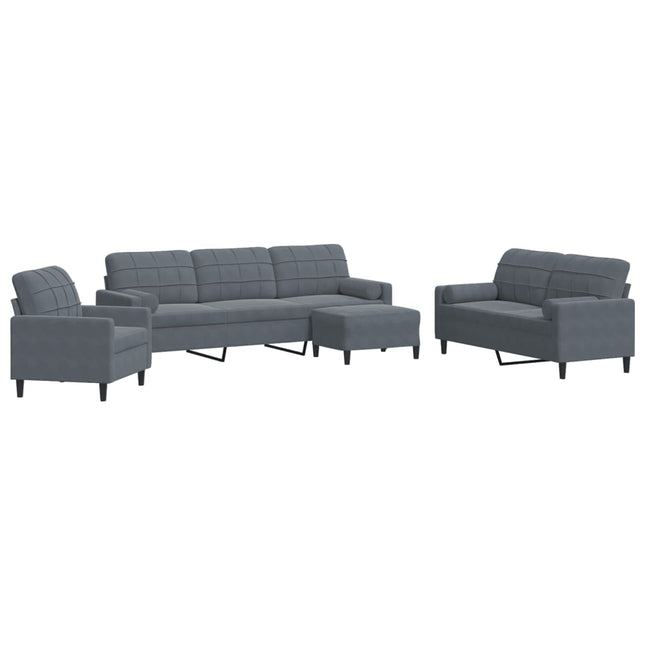 sofasæt 4 dele med hynder og bolsterpuder velour mørkegrå