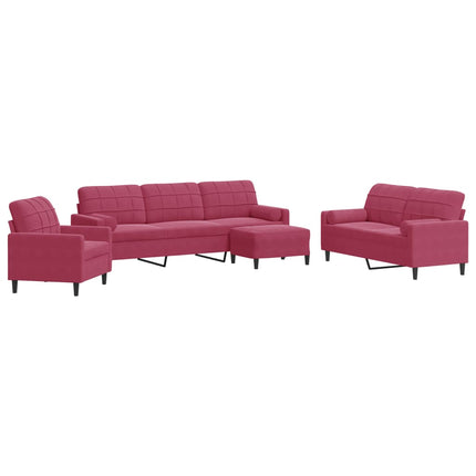sofasæt 4 dele med hynder og bolsterpuder velour vinrød