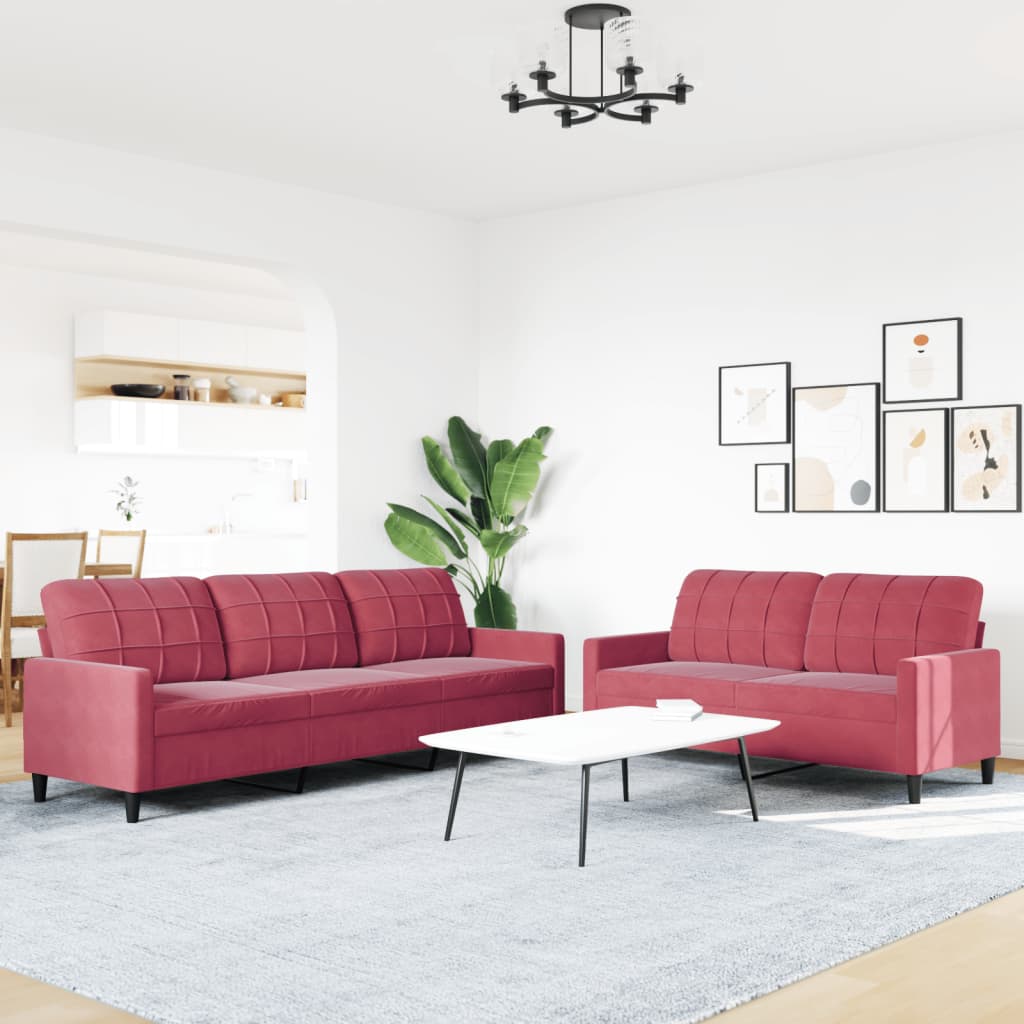 sofasæt 2 dele med hynder velour vinrød